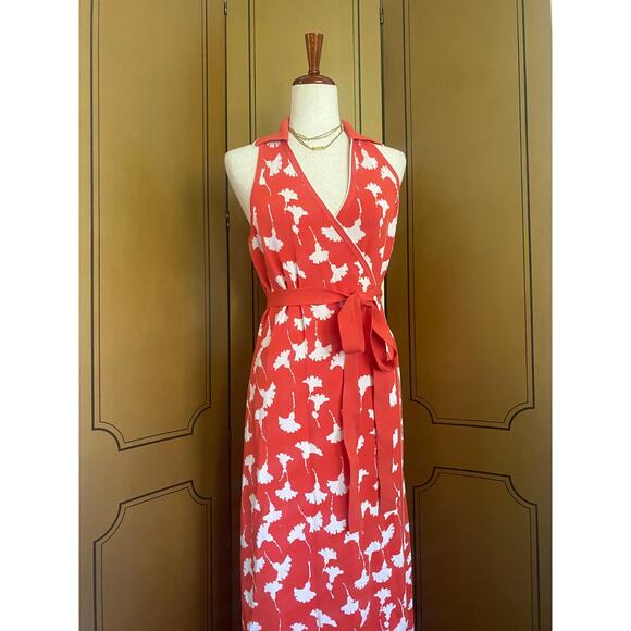 Diane von Furstenberg orange wrap dress with ginko leaves, size L - Picture 2 of 7